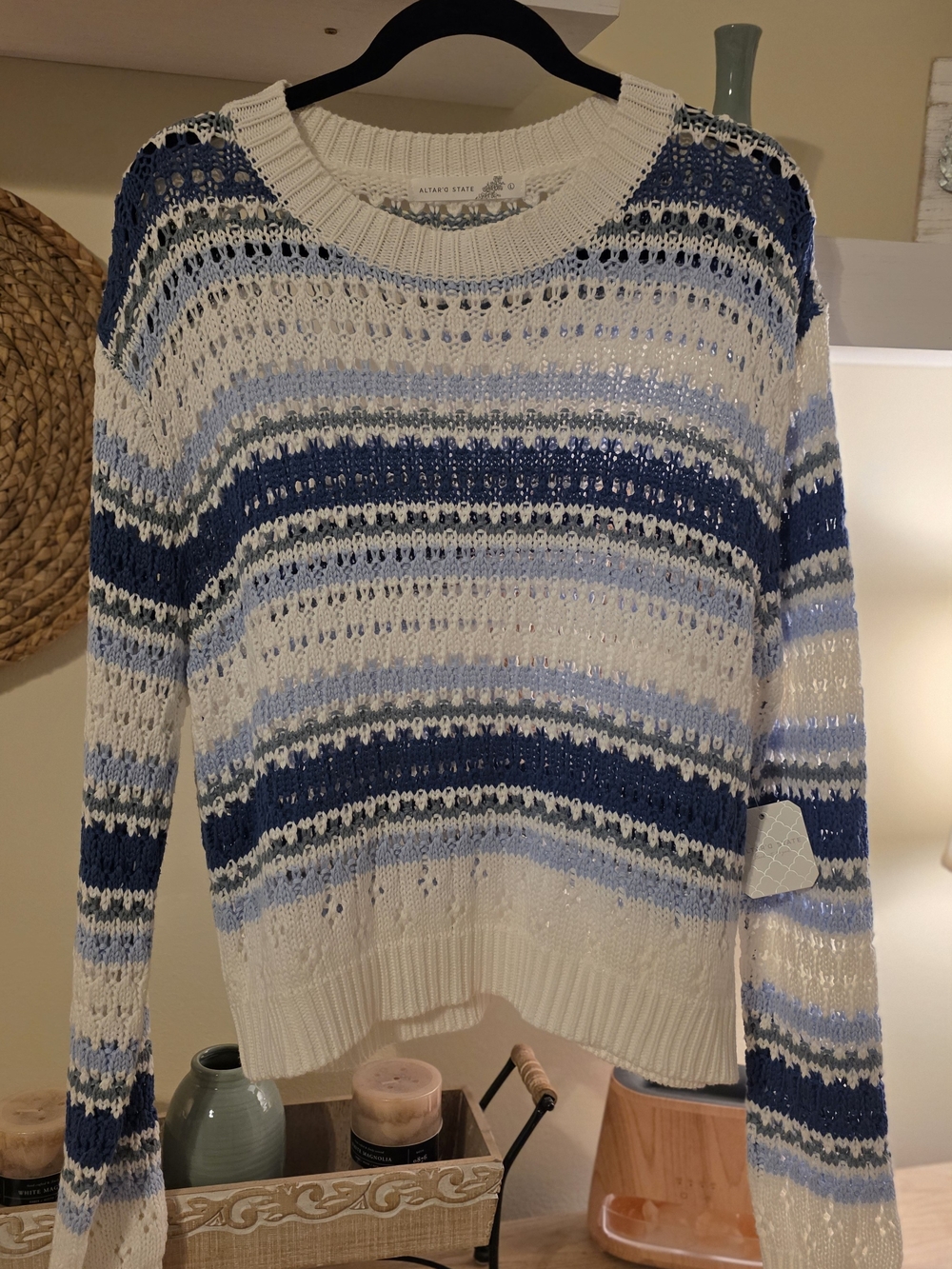 Altar'd State Cream, Navy & Light Blue Open-Knit Striped Crewneck Sweater